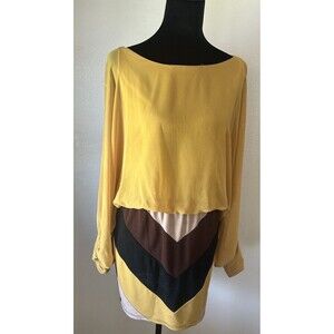 Karlie Retro Sheer Chiffon Blouson Top Chevron Skirt Size Medium Mustard Brown